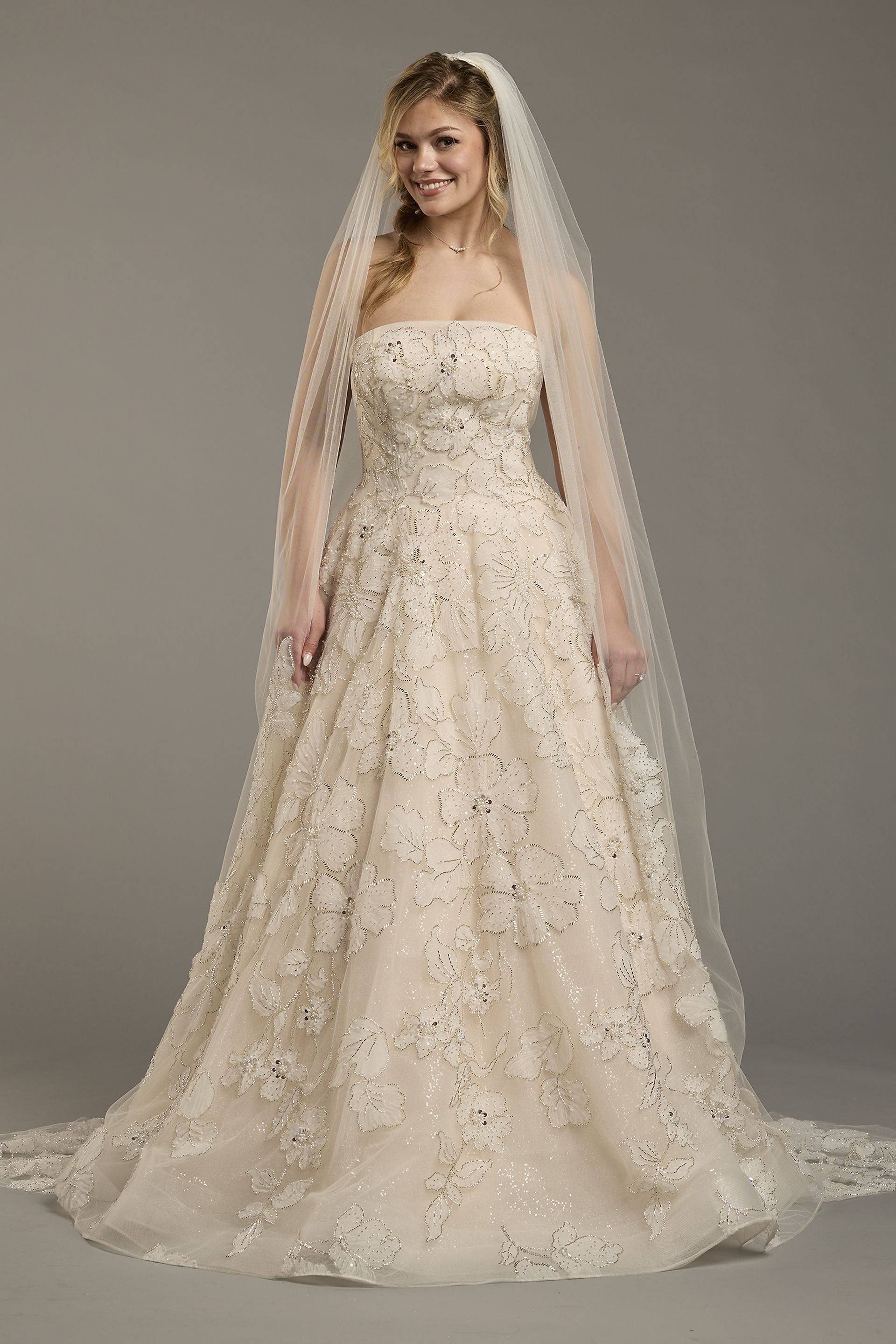 Beaded Etched Floral Applique Cathedral Veil