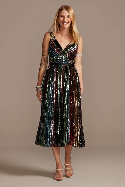 be you sequin v neck midi dress Rainbow Sequin Striped V-Neck Midi Dress