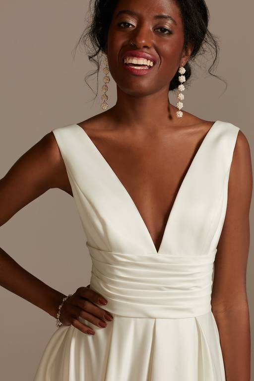 cowl neck tea length satin a line dress Satin V-Neck Tea Length A-Line Dress