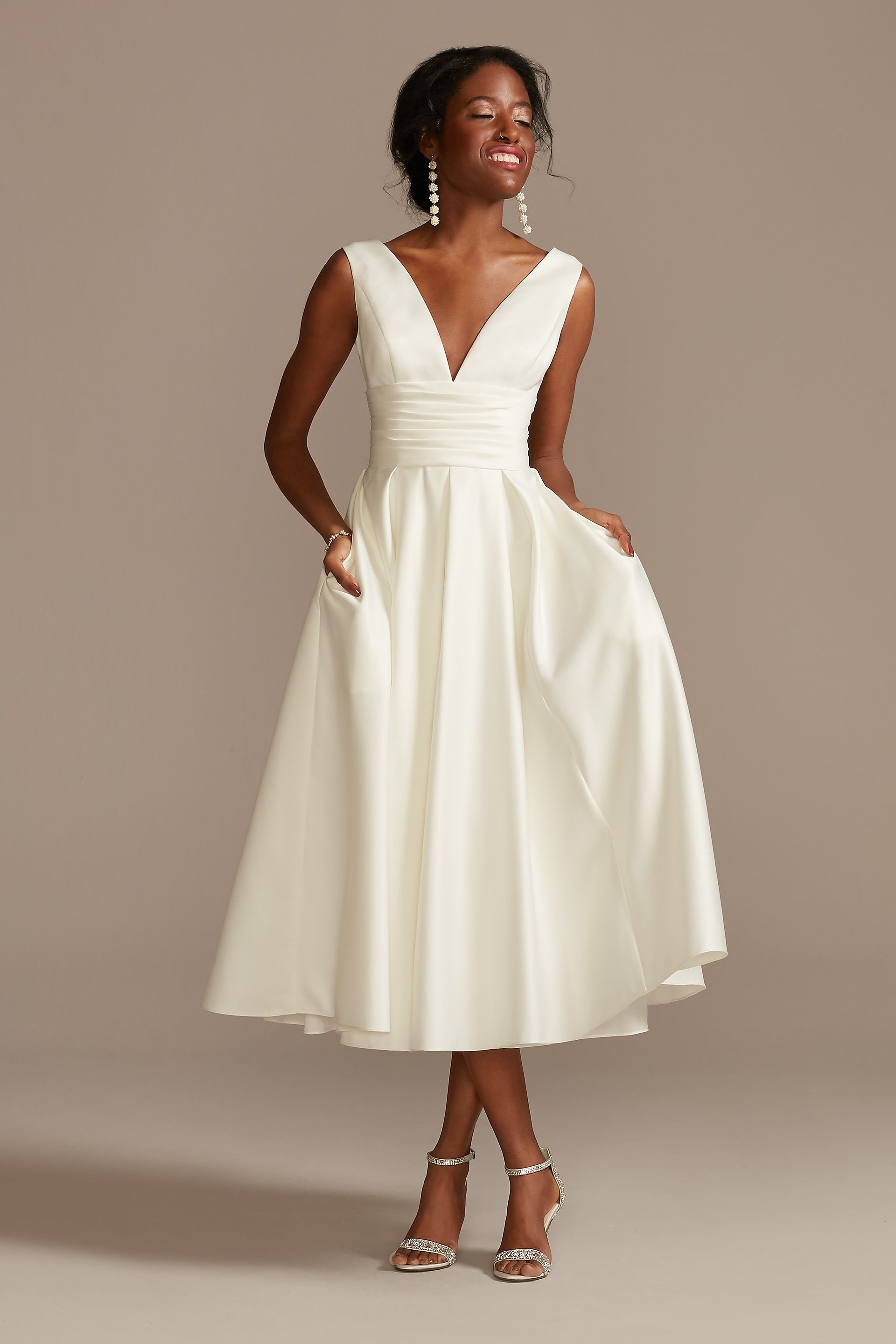 Satin V-Neck Tea Length A-Line Dress | David's Bridal