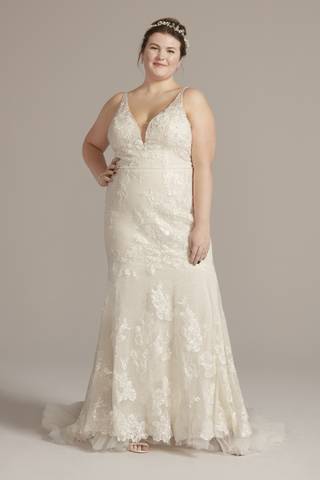 View Melissa Sweet Beaded Lace Mermaid Wedding Gown with Ruffle Hem in all available color and sizes Picture of Beaded Lace Mermaid Wedding Gown with Ruffle Hem