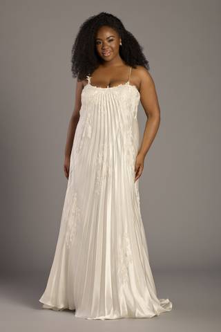 Picture of Pleated Charmeuse A-Line Gown with Lace Appliques