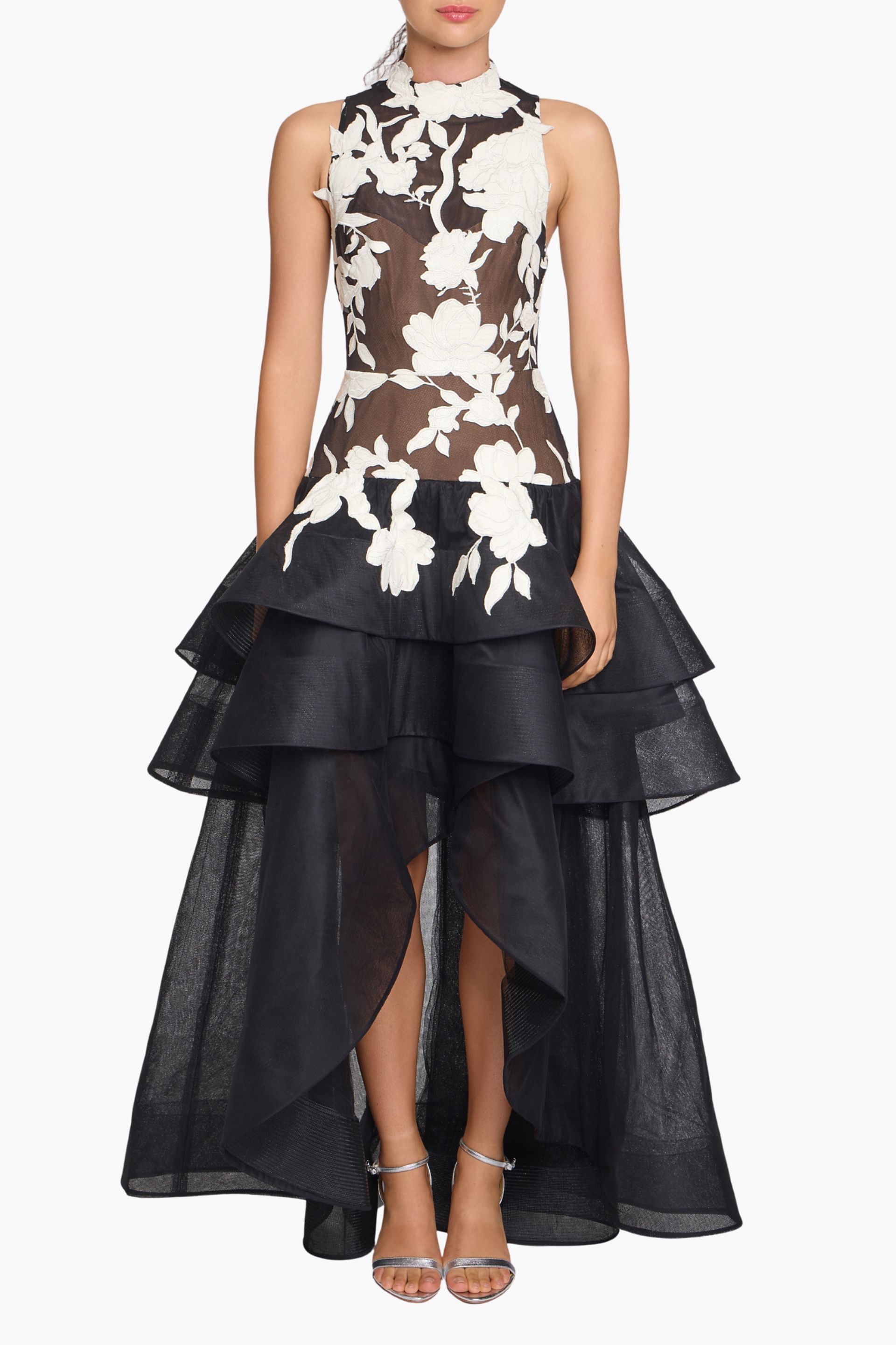 Picture of Leather Guipure High Neck Sleeveless Tiered Gown