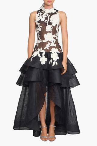 Picture of Leather Guipure High Neck Sleeveless Tiered Gown