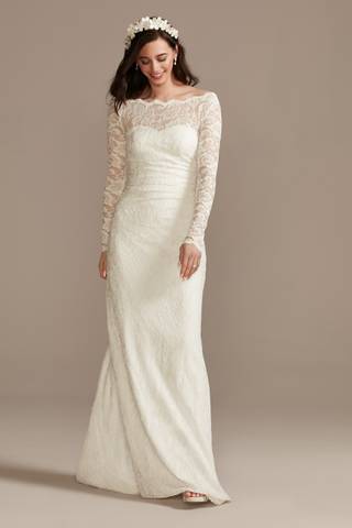 View DB Studio Stretch Lace Long Sleeve Sheath Wedding Dress in all available color and sizes Picture of Stretch Lace Long Sleeve Sheath Wedding Dress