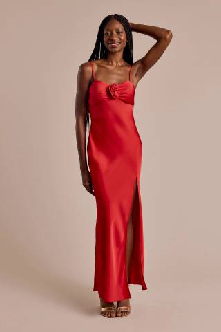 View Next Up Charmeuse Spaghetti Strap Dress with Rosette in all available color and sizes Picture of Charmeuse Spaghetti Strap Dress with Rosette