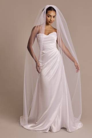 View DB Studio Cathedral Veil with Bead and Pearl Trim in all available color and sizes Picture of Cathedral Veil with Bead and Pearl Trim