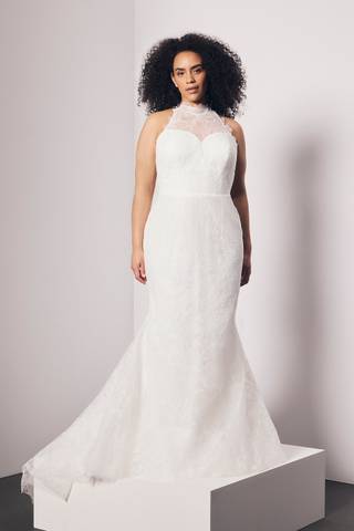 View Vera Wang Bride Lace High Neck Mermaid Gown with Bow Sash in all available color and sizes Picture of Lace High Neck Mermaid Gown with Bow Sash