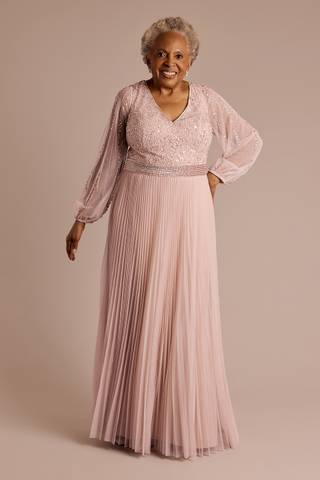 Picture of Beaded Blouson Sleeve Pleated A-Line Dress