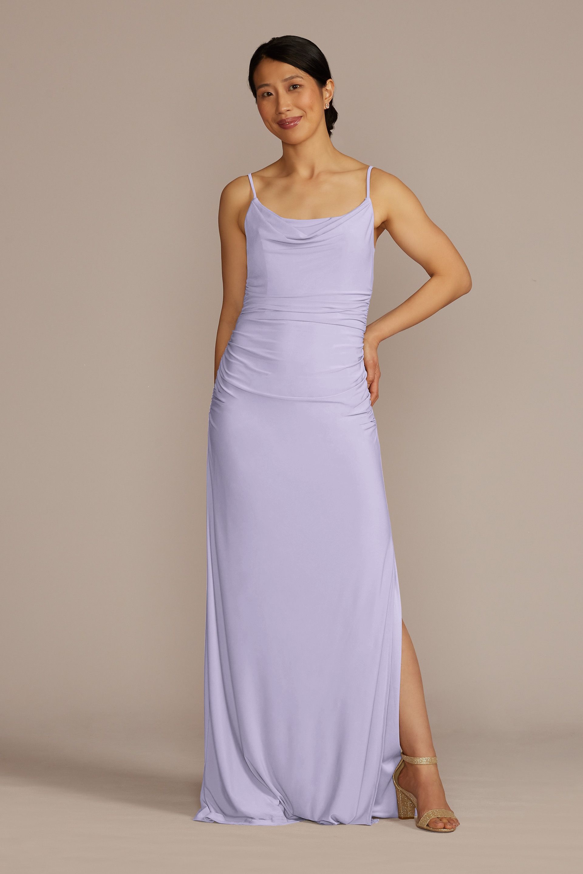 ruched jersey spaghetti strap bridesmaid dress As Is Ruched Jersey Spaghetti Strap Dress