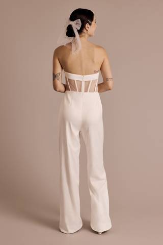 View DB Studio Strapless Satin Jumpsuit with Illusion Back in all available color and sizes Picture of Strapless Satin Jumpsuit with Illusion Back