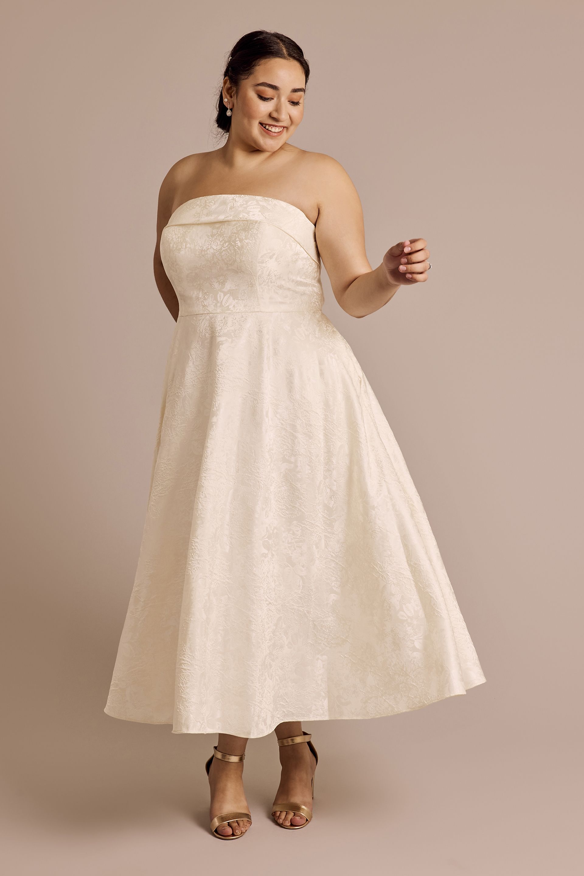 Picture of Strapless Floral Jacquard Tea-Length Dress