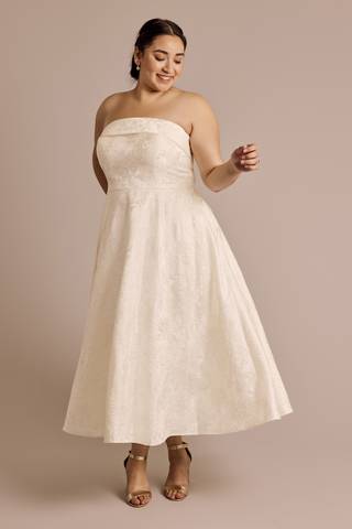 View DB Studio Strapless Floral Jacquard Tea-Length Dress in all available color and sizes Picture of Strapless Floral Jacquard Tea-Length Dress