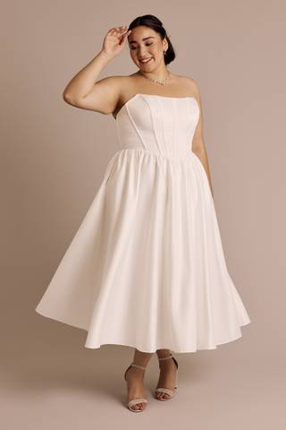 View DB Studio Satin Corset Bodice Tea-Length Dress in all available color and sizes Picture of Satin Corset Bodice Tea-Length Dress