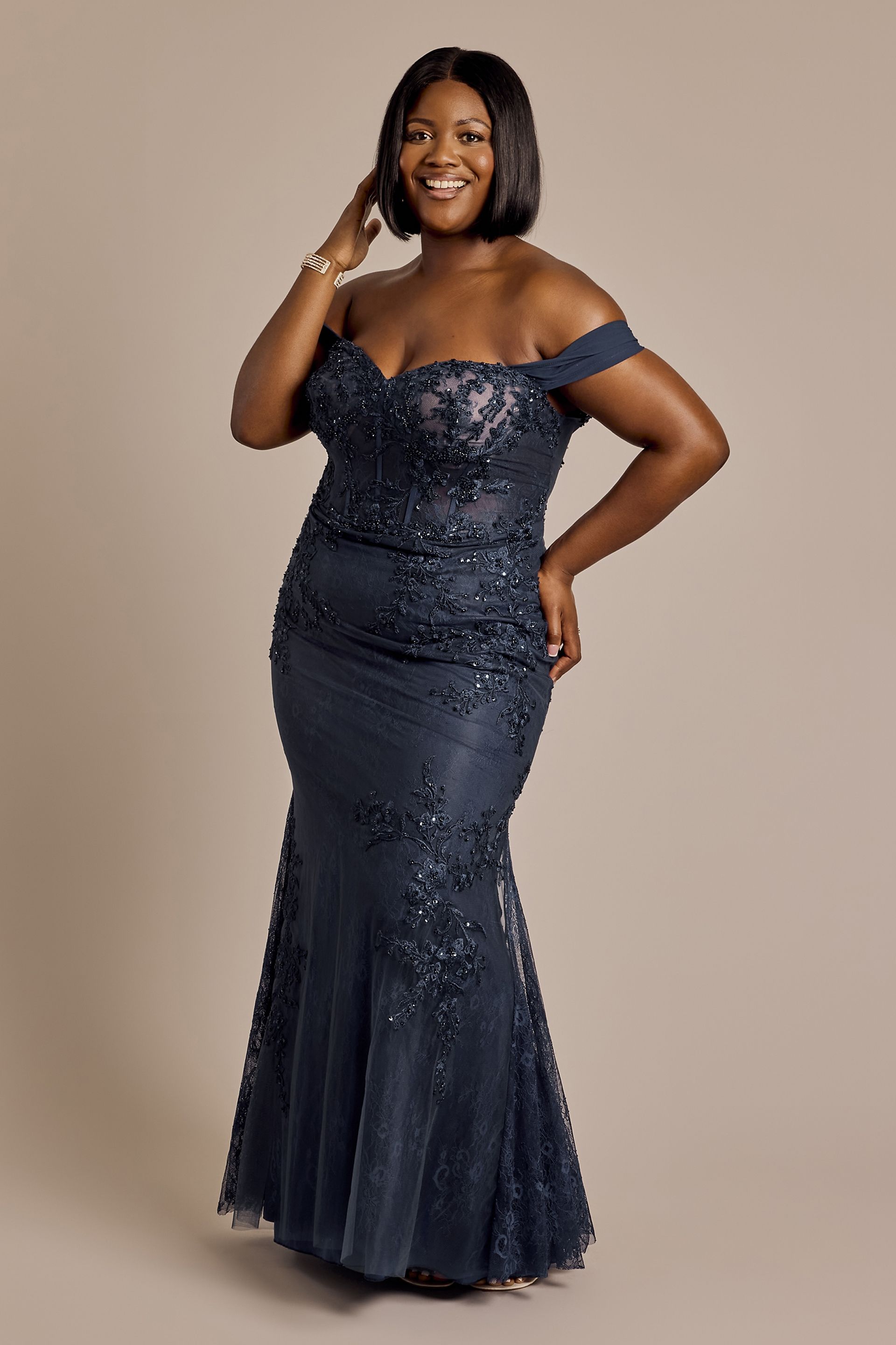 Off-the-Shoulder Beaded Applique Mermaid Dress | David's Bridal