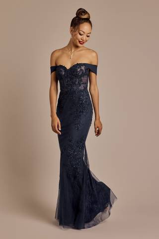 View Galina Signature Off-the-Shoulder Beaded Applique Mermaid Dress in all available color and sizes Picture of Off-the-Shoulder Beaded Applique Mermaid Dress