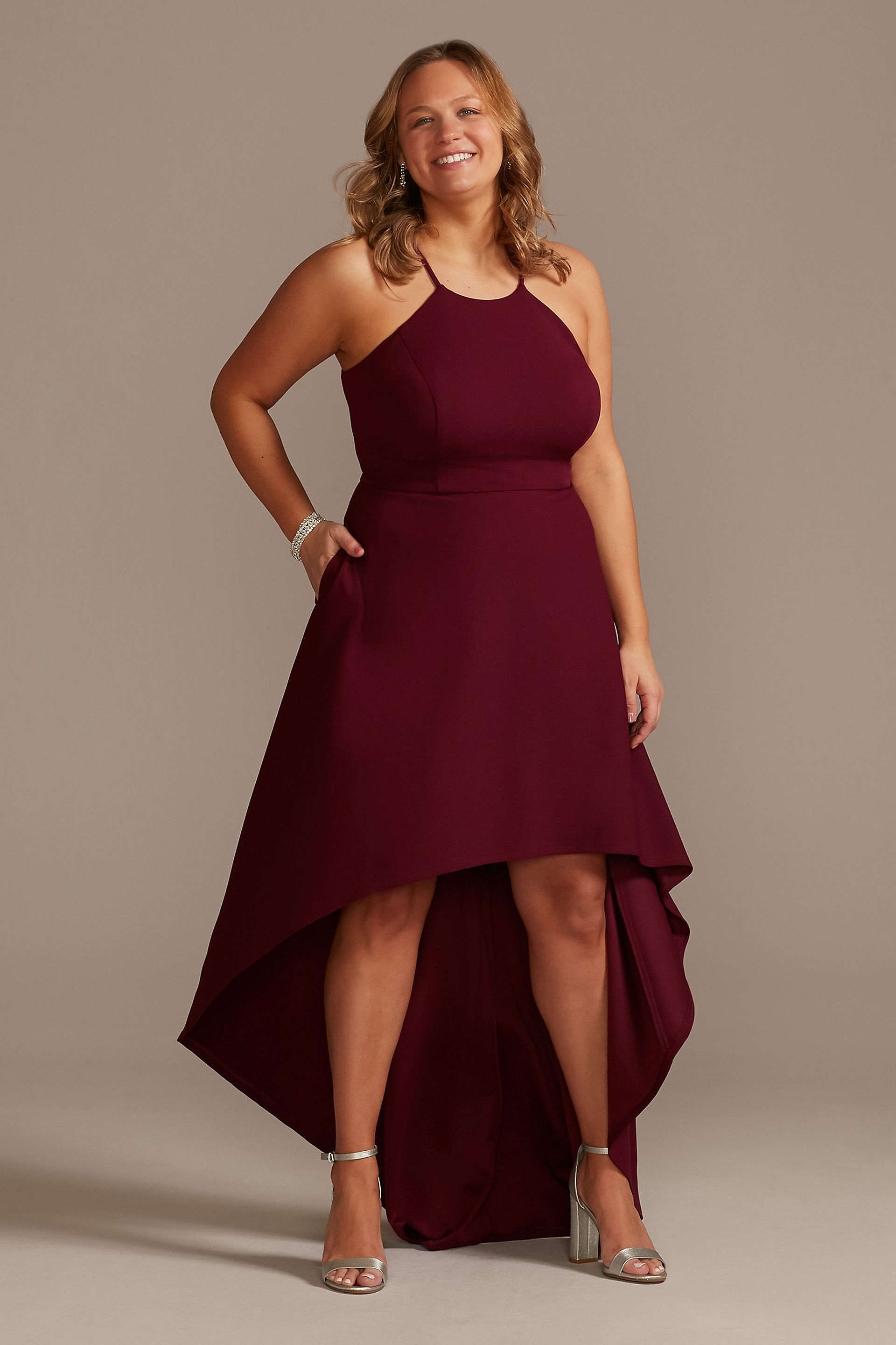 Picture of High Neck Crepe Plus-Size Dress with High-Low Hem
