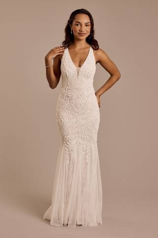 View Oleg Cassini Plunging Allover Beaded Sheath Wedding Dress in all available color and sizes Picture of Plunging Allover Beaded Sheath Wedding Dress