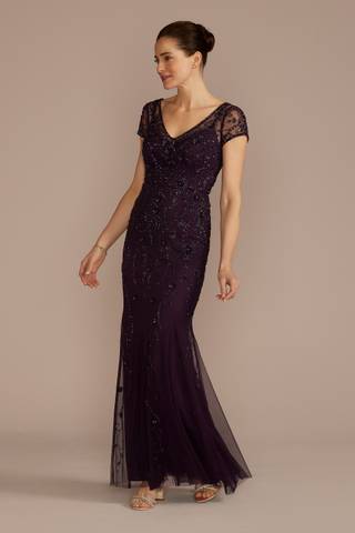 Picture of Short Sleeve Beaded Sheath Dress with Godets