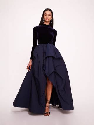 Picture of Stretch Velvet and Taffeta Long-Sleeve Gown