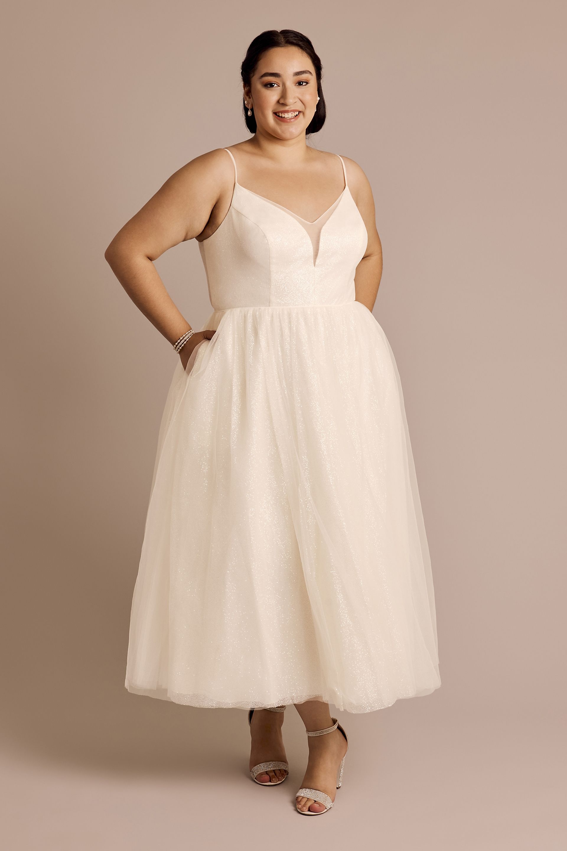 Picture of Glitter Tulle Tea-Length Dress with Button Back
