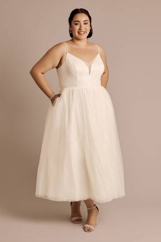 View DB Studio Glitter Tulle Tea-Length Dress with Button Back in all available color and sizes Picture of Glitter Tulle Tea-Length Dress with Button Back