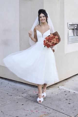 Picture of Glitter Tulle Tea-Length Dress with Button Back