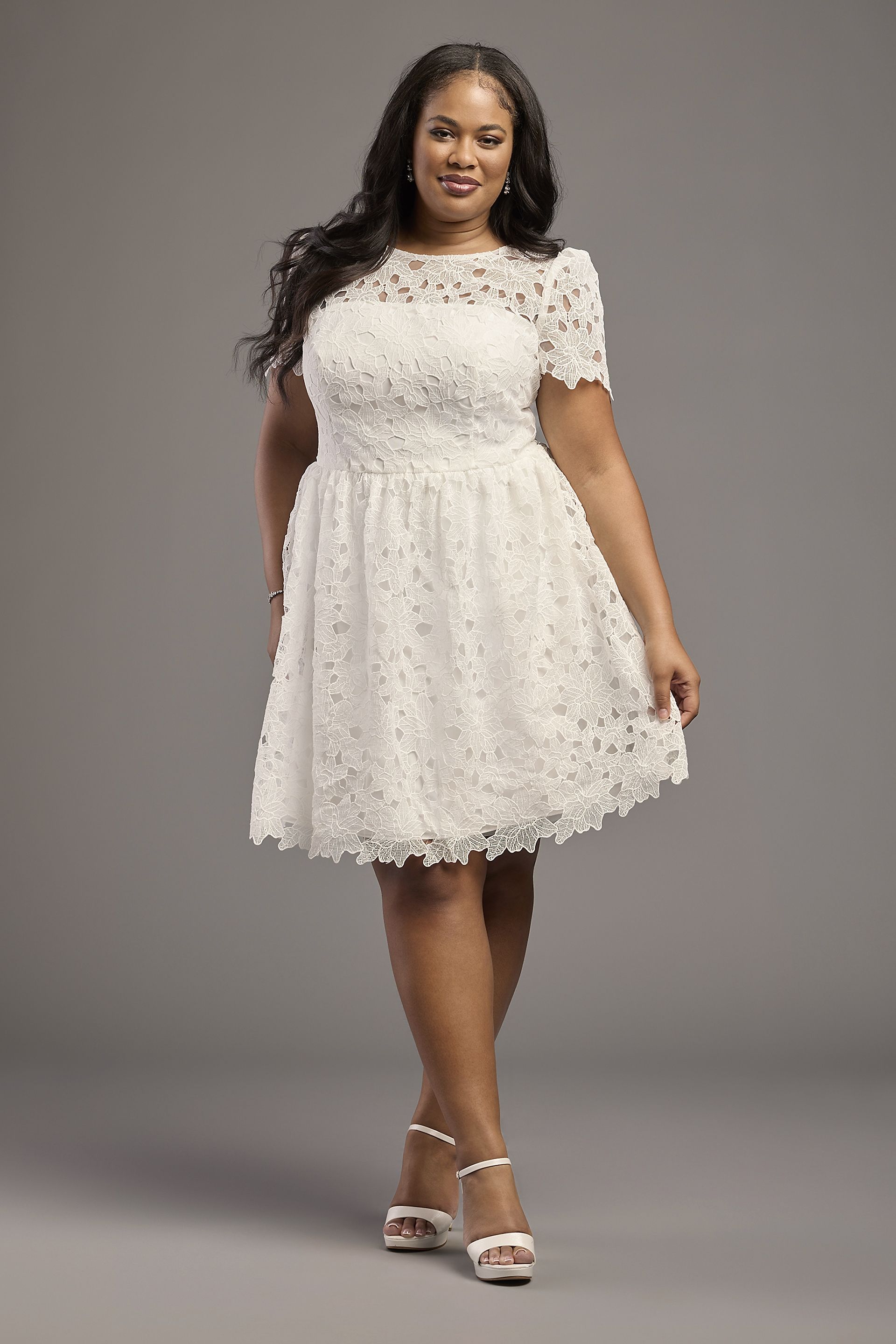 DB Studio Short Sleeve Lace Mini With Illusion Neckline in Soft White Size: 3X David's Bridal