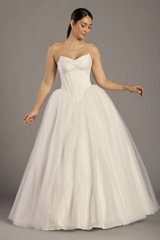 View DB Studio Sculpted Strapless Satin and Tulle Ball Gown in all available color and sizes Picture of Sculpted Strapless Satin and Tulle Ball Gown