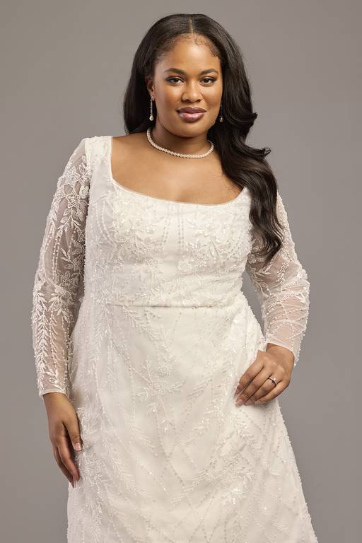 long sleeve mini dress bridal White Lace Wedding Dress with Beads, Mini Size, High Neck and Fitted Style