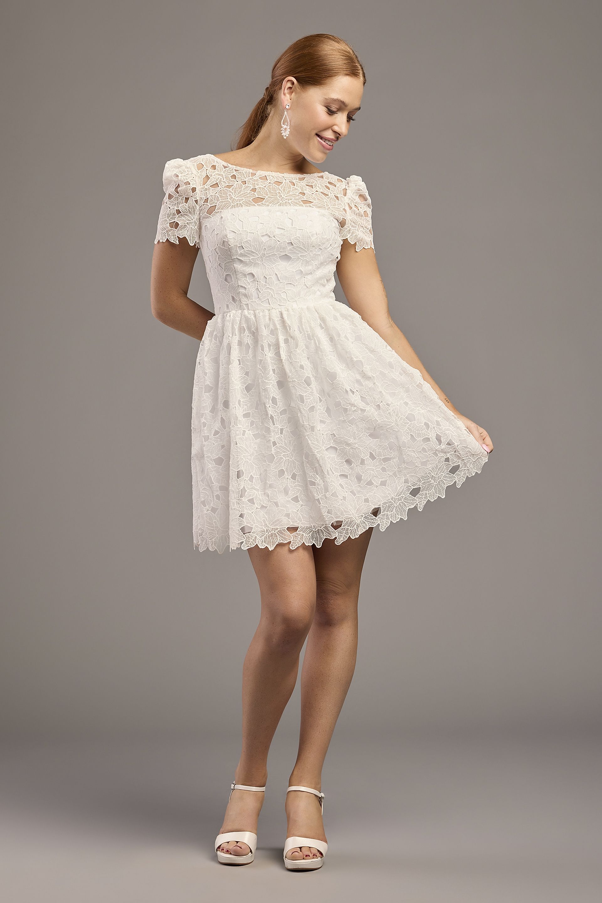 DB Studio Short Sleeve Lace Mini With Illusion Neckline in Soft White Size: Large David's Bridal