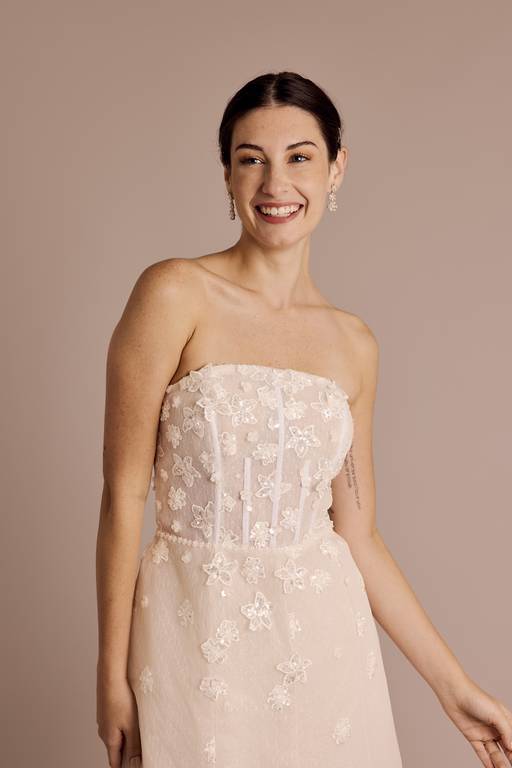 draped tulle mini dress with 3d floral skirt draped tulle mini dress with 3d floral skirt Odalys White 3D floral Mini  Bridal Look Dress