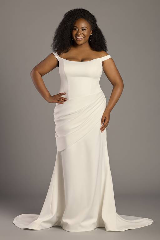 satin off the shoulder mermaid wedding dress Luxury Off-Shoulder Satin Mermaid Wedding Gown with Lace-Up Corset and Dramatic Train Plus Size Size 16
