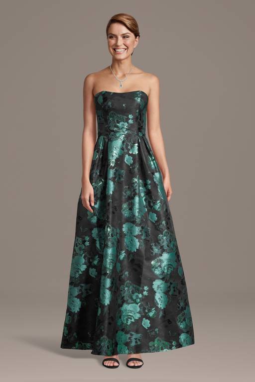 women's metallic brocade a-line dress MNM COUTURE Q3355 - Long Metallic Brocade A-line Dress