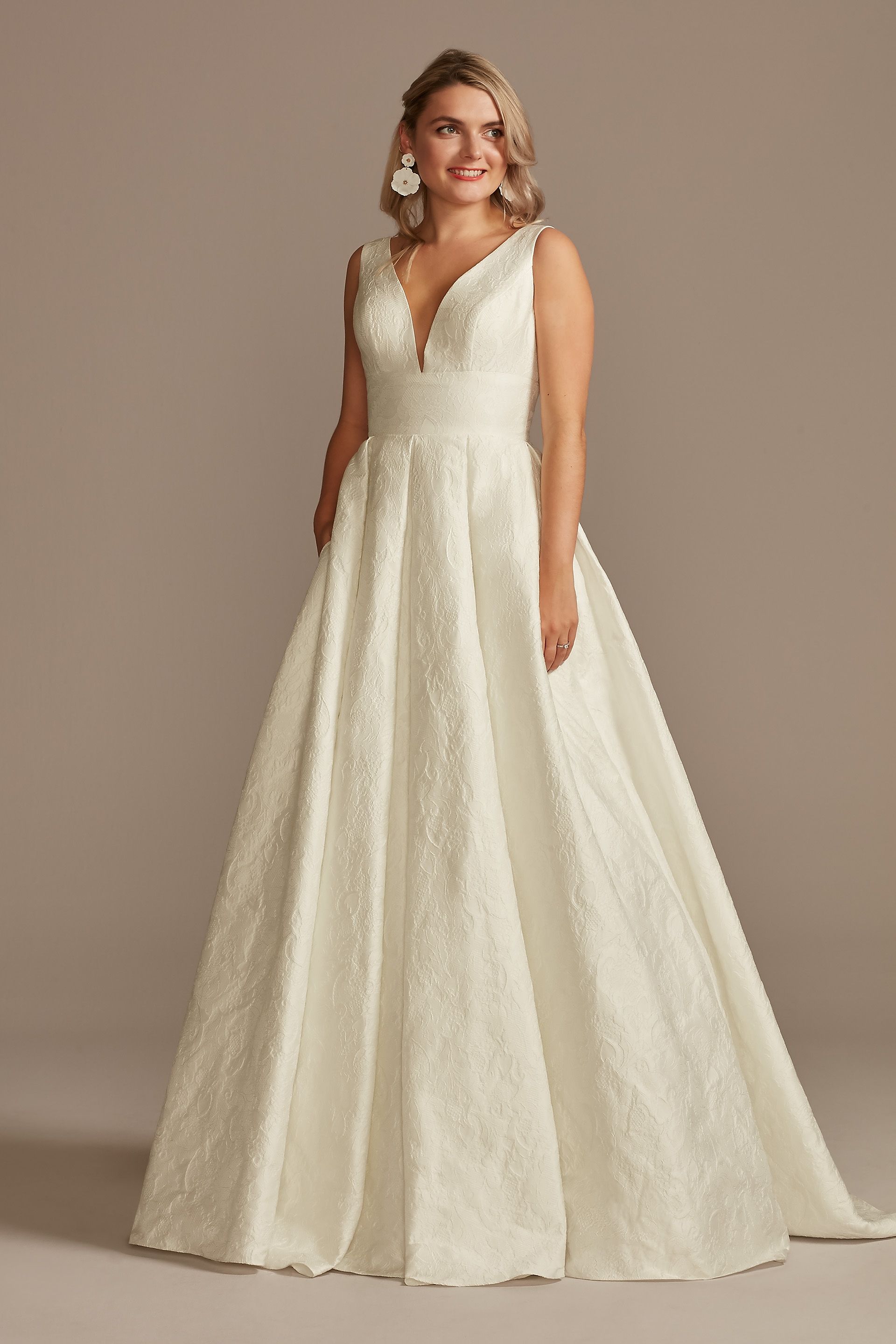 View DB Studio Floral Jacquard V-Neck Wedding Dress in all available color and sizes Picture of Floral Jacquard V-Neck Wedding Dress