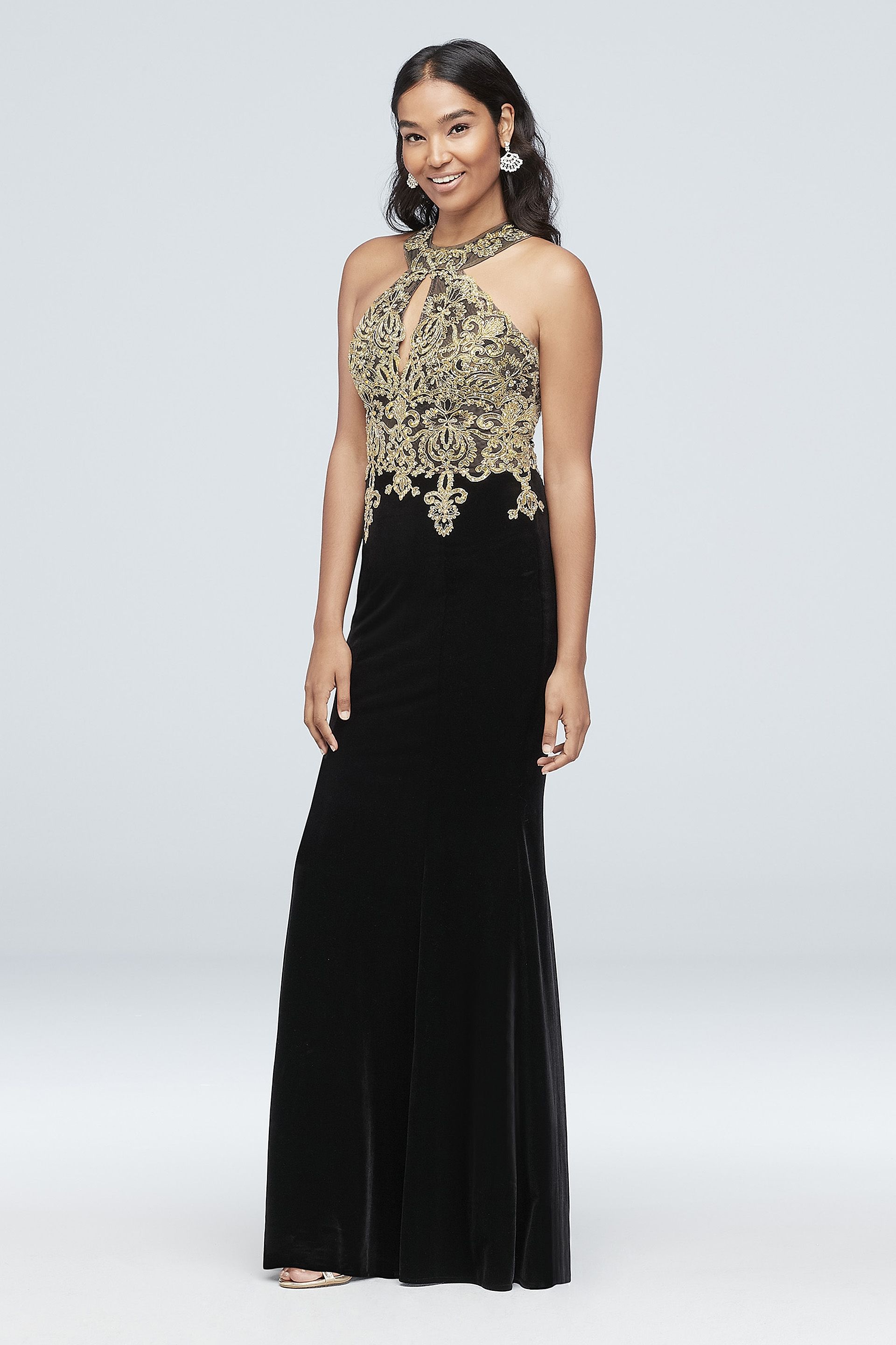 Picture of Round Neck Metallic Lace and Velvet Halter Gown