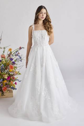 View Melissa Sweet Tie Strap Ball Gown with Beaded Lace Appliques in all available color and sizes Picture of Tie Strap Ball Gown with Beaded Lace Appliques