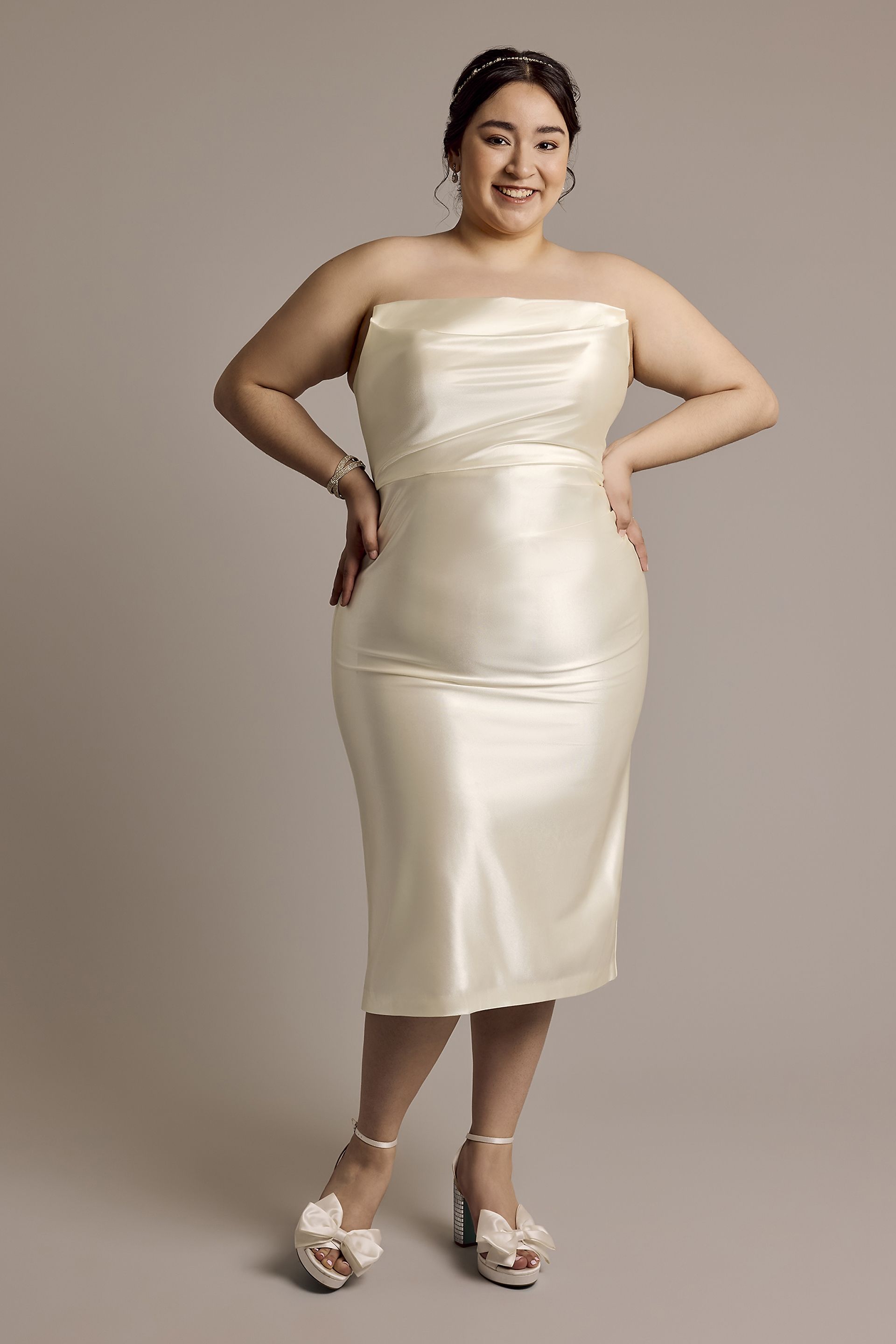 DB Studio Sculpting Satin Midi Dress With Draped Bodice in Ivory Size: 16W David's Bridal