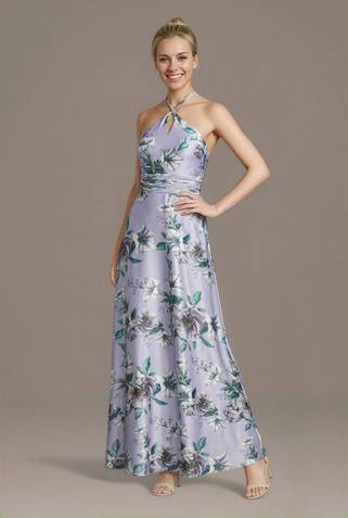 View DB Studio Floral Charmeuse Halter A-Line Dress in all available color and sizes Picture of Floral Charmeuse Halter A-Line Dress