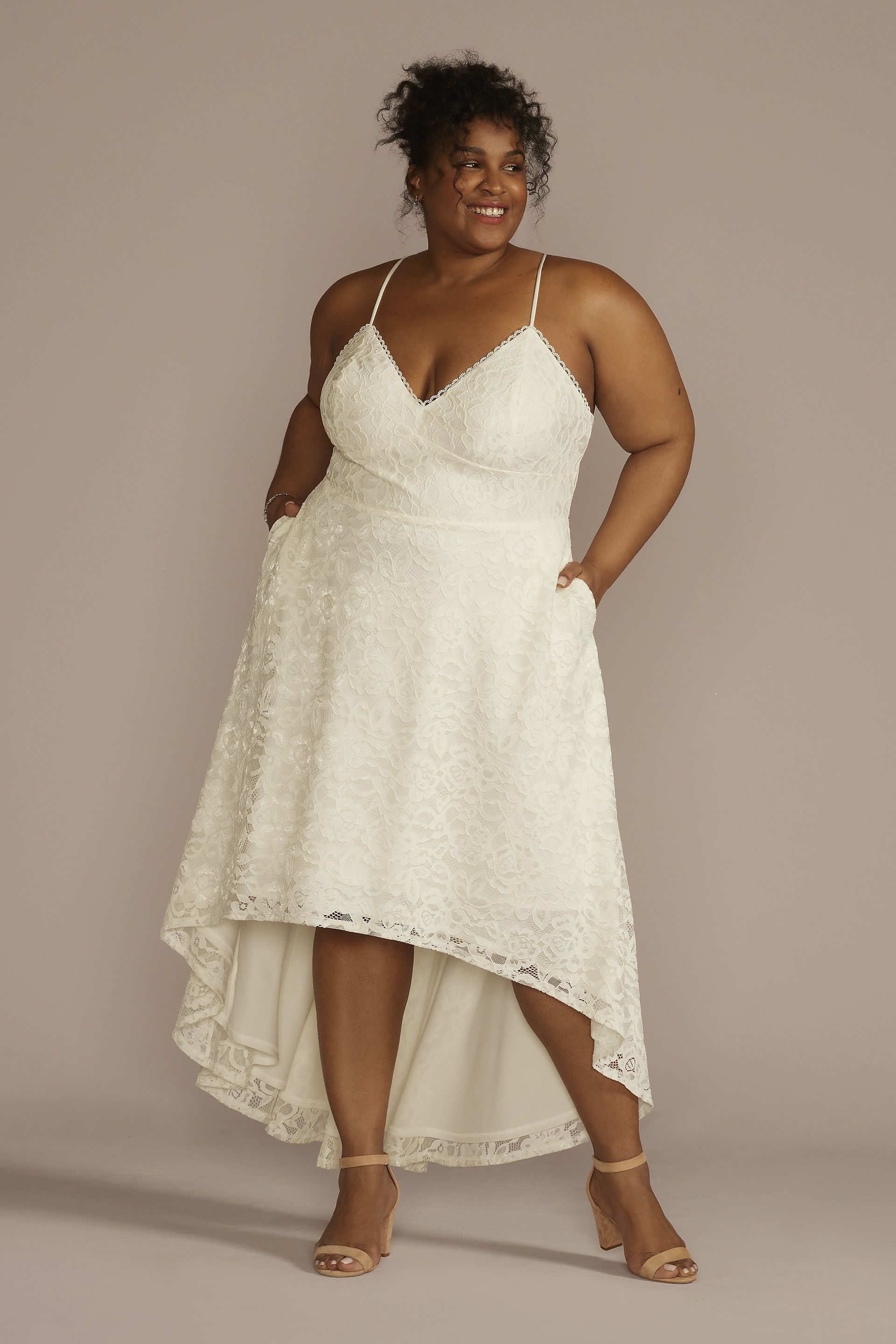 DB Studio High-Low Lace Spaghetti Strap V-Neck Wedding Dress in Ivory Size: 18W David's Bridal