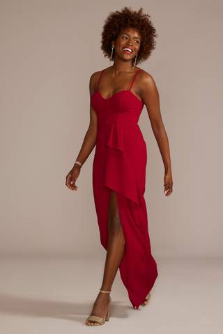 View DB Studio Crepe Corset Sheath Dress with Ruffle Slit in all available color and sizes Picture of Crepe Corset Sheath Dress with Ruffle Slit