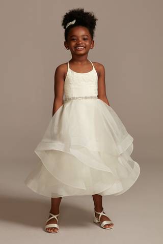 View David's Bridal Lace and Tulle Flower Girl Dress with Full Skirt in all available color and sizes Picture of Lace and Tulle Flower Girl Dress with Full Skirt