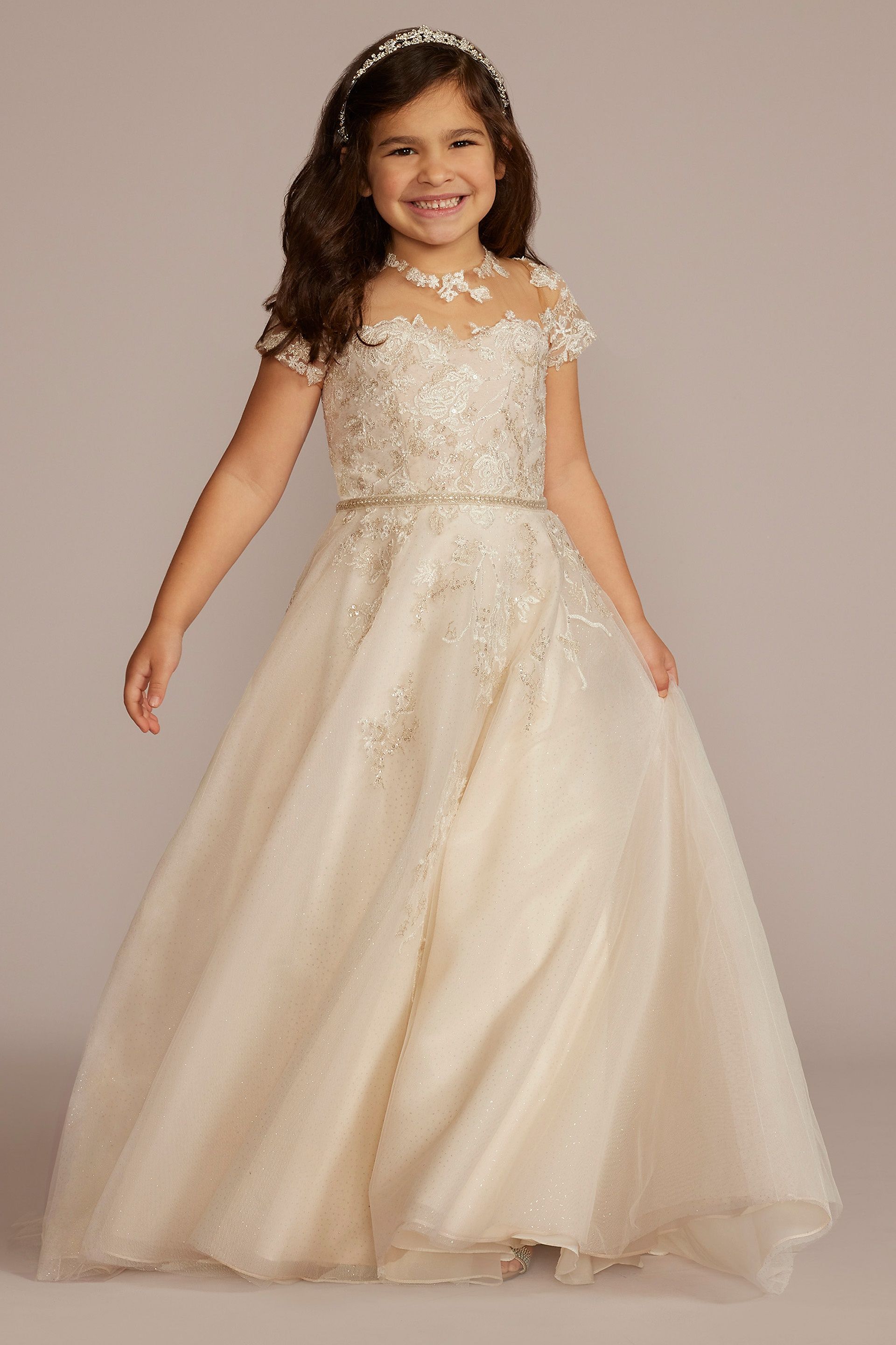 DB Studio Appliqued Cap Sleeve Lace-Up Flower Girl Dress in Solid Ivory Size: 6 David's Bridal