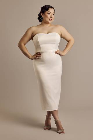 View DB Studio Strapless Sweetheart Sheath Midi Dress with Bow in all available color and sizes Picture of Strapless Sweetheart Sheath Midi Dress with Bow