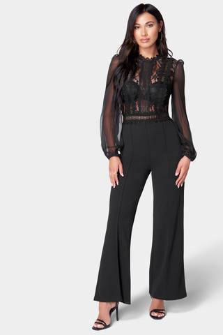 View Bebe Long Sleeve Lace Top Straight Leg Jumpsuit in all available color and sizes Picture of Long Sleeve Lace Top Straight Leg Jumpsuit