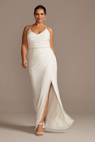 View DB Studio Ruched Skinny Strap Dress with Lace Slit in all available color and sizes Picture of Ruched Skinny Strap Dress with Lace Slit