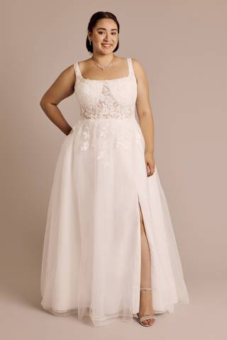 View DB Studio Illusion Bodice Square Neck Wedding Dress in all available color and sizes Picture of Illusion Bodice Square Neck Wedding Dress