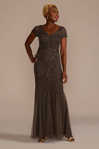 Picture of V-Neck Beaded Sheath with Illusion Sleeves