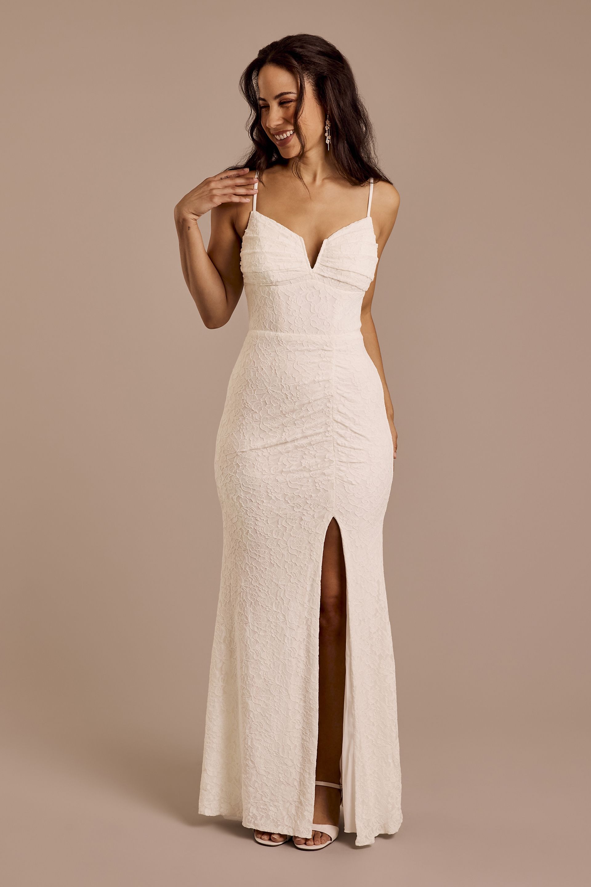 DB Studio V-Notch Glitter Lace Sheath Wedding Dress in Soft White Size: 4 David's Bridal