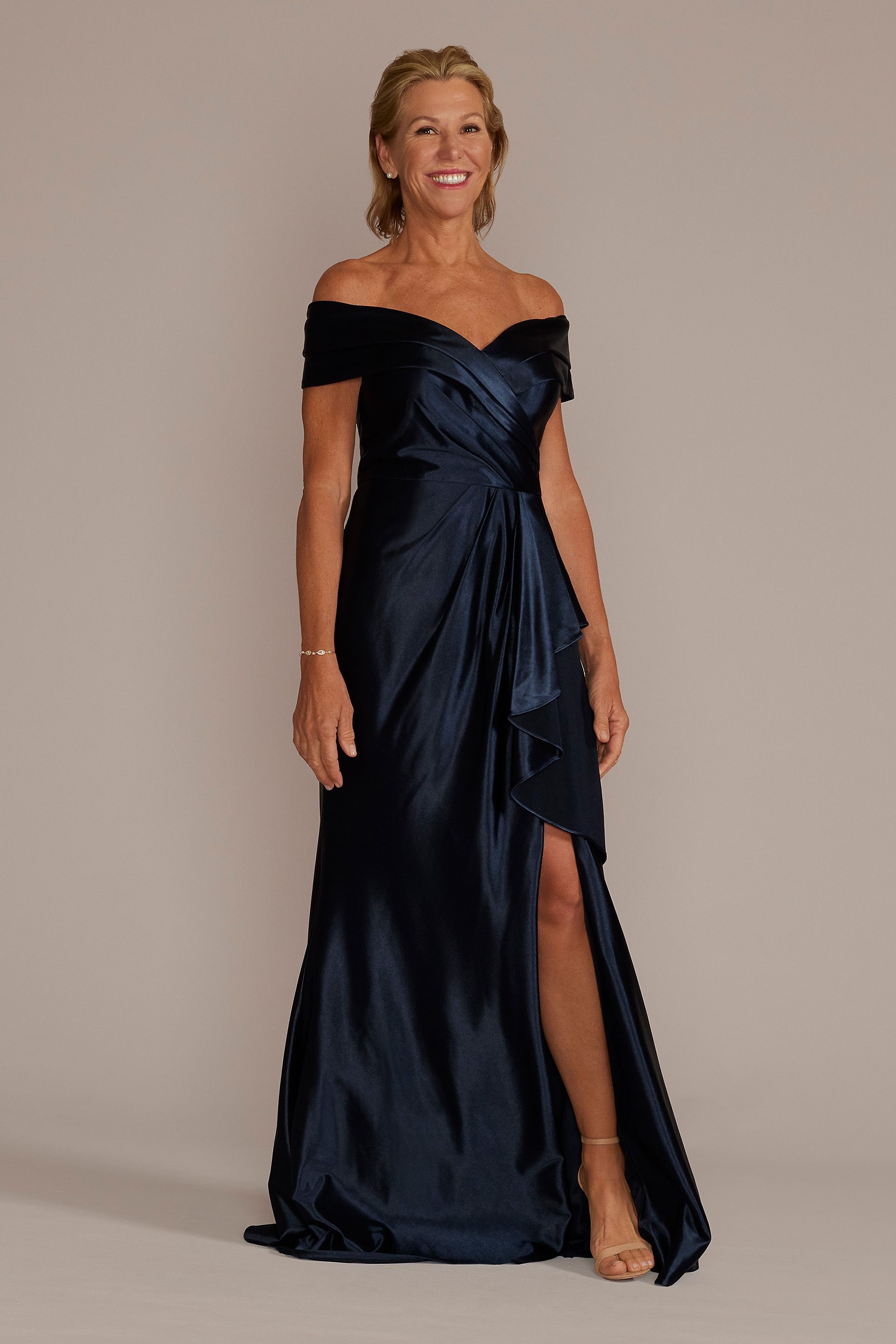 Picture of Off-the-Shoulder Stretch Satin Gown with Ruffle